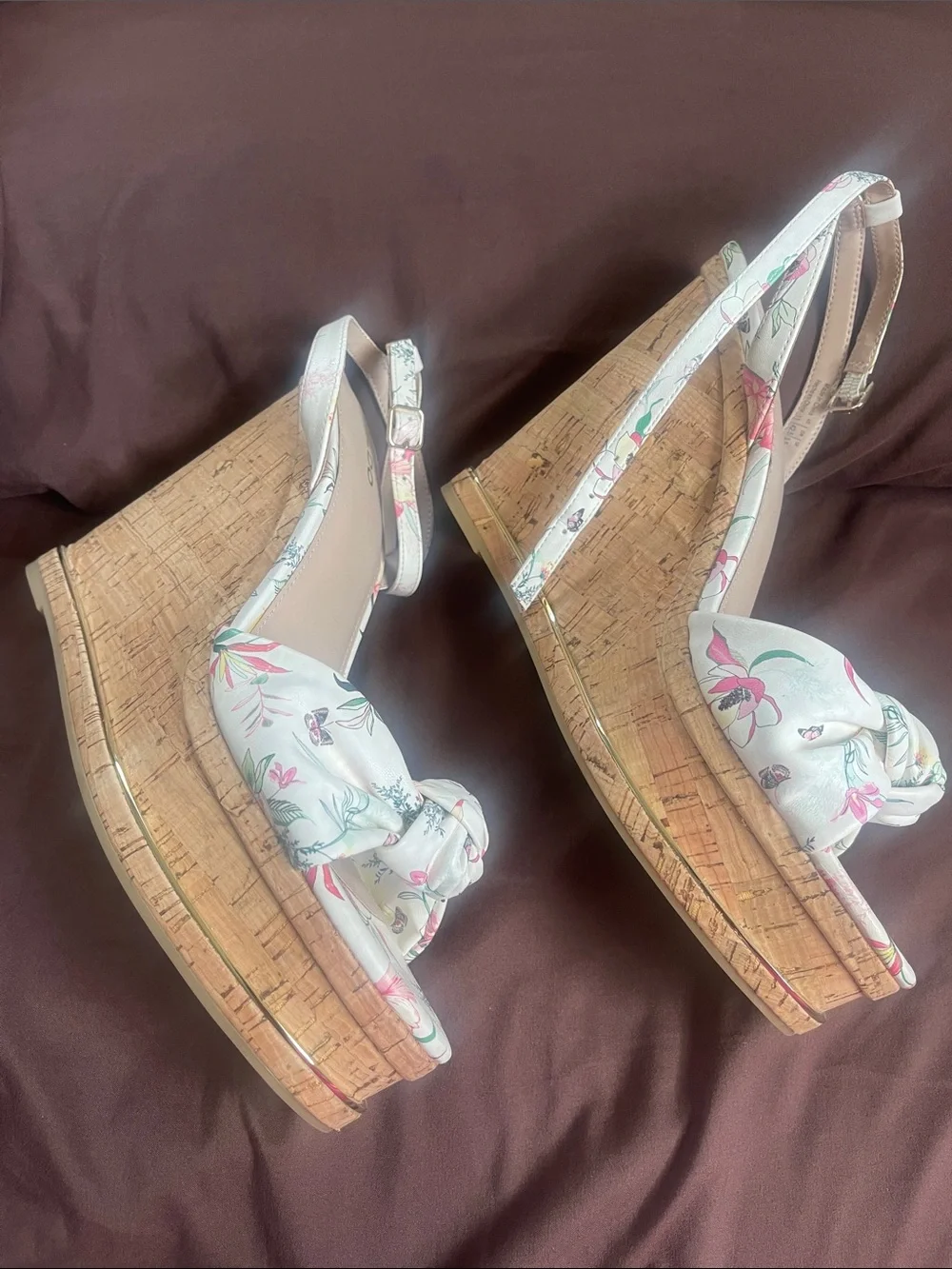 ALDO White Floral Knot Espadrille Wedge Sandals with Pink & Green Accents